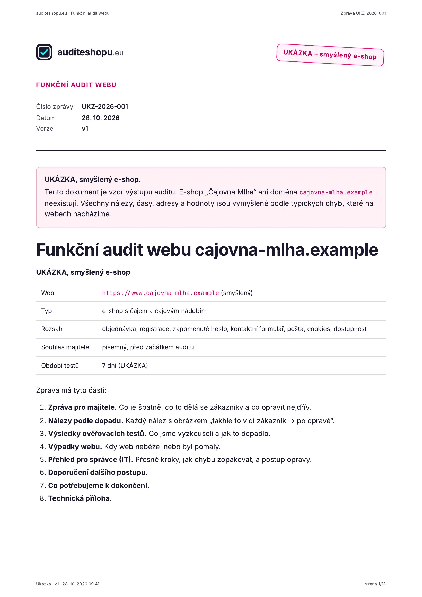 Titulní strana ukázkové zprávy z auditu